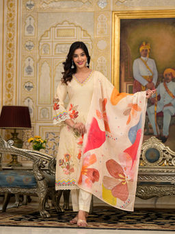 Autumnlane - Diti Vanilla Pure Cotton Printed Kurta with Pant and Dupatta (Set of 3)