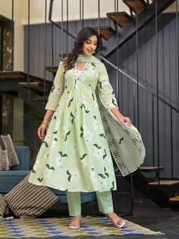 Autumnlane - Pista Green Floral Printed Anarkali Kurta with Pant and Dupatta (Set of 3)