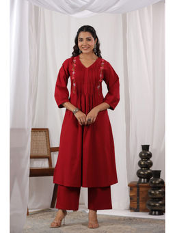 Autumnlane - Diti Red Cotton Embroidered Kurta with Pant (Set of 2)