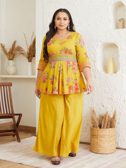 Rustorange - Inaayat Mustard Floral Print Kurti with Palazzo and Belt (Set of 3)