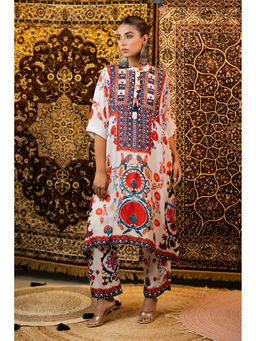 Autumnlane - Maurya White Designer Premium Muslin Kaftan Kurta with Pant (Set of 2)