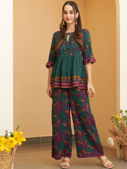 Rustorange - Green Leaf Printed Peplum Co-Ord (Set of 2)