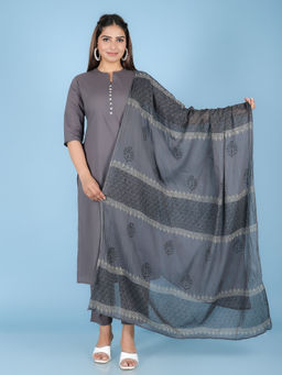 ARAMYA - Grey Straight Solid Kurta with Pant and Printed Dupatta (Set of 3)