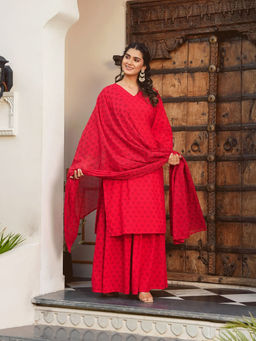 ARAMYA - Red Straight Floral Print Kurta with Sharara and Dupatta (Set of 3)