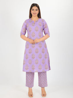 ARAMYA - Purple Soft Cotton A-Line Butti Print Kurta with Pant (Set of 2)