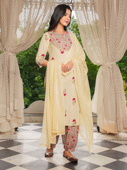 ARAMYA - Yellow Straight Floral Print Kurta with Salwar and Dupatta (Set of 3)