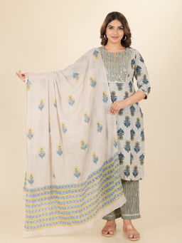 ARAMYA - Green Soft Cotton Straight Floral Print Kurta with Pant and Dupatta (Set of 3)
