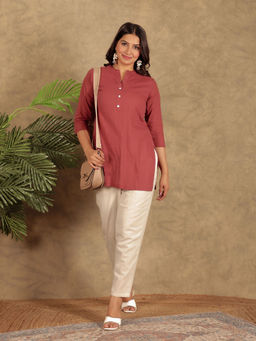 ARAMYA - Red Khadi Cotton Straight Solid Kurti with Pant (Set of 2)