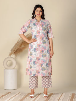 ARAMYA - Pink Soft Cotton Floral Print Kurta with Pant (Set of 2)