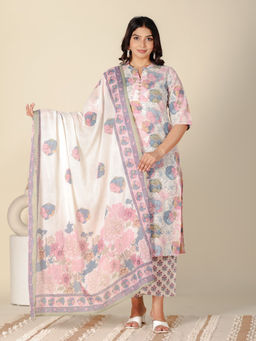 ARAMYA - White Soft Cotton Floral Print Kurta with Pant and Dupatta (Set of 3)