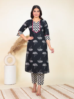 ARAMYA - Black Soft Cotton Straight Foliage Print Kurta with Pant (Set of 2)