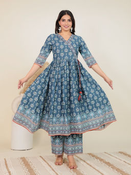 ARAMYA - Blue Soft Cotton Floral Print Angrakha Kurta with Pant (Set of 2)