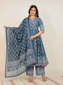 ARAMYA - Blue Cotton Floral Print Angrakha Kurta with Palazzo and Dupatta (Set of 3)