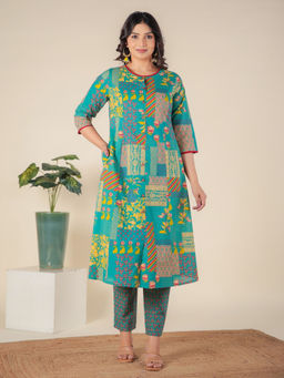 ARAMYA - Green Soft Cotton A-Line Abstract Print Kurta with Pant (Set of 2)