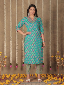 ARAMYA - Blue Soft Cotton Straight Floral Print Kurta with Pant (Set of 2)