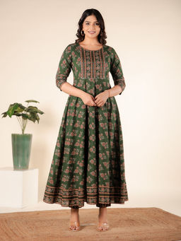 ARAMYA - Green Soft Cotton Block Print Anarkali Kurta with Pant (Set of 2)