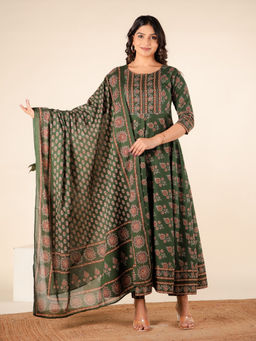 ARAMYA - Green Floral Block Print Anarkali Kurta with Pant and Dupatta (Set of 3)