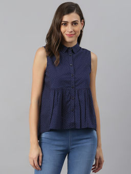 Xpose - Navy Blue & White Polka Dots Print Shirt Style Top