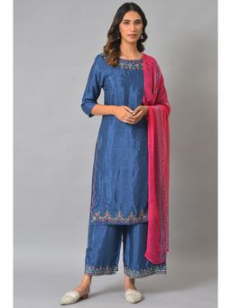 W - Blue Solid Kurta-Parallel Pant-Dupatta (Set of 3)