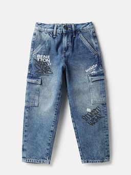 United Colors of Benetton - Boys Blue Printed Straight Jeans