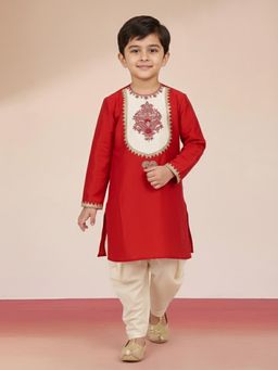 Vastramay - Boys Red Embroidered Kurta with Dhoti