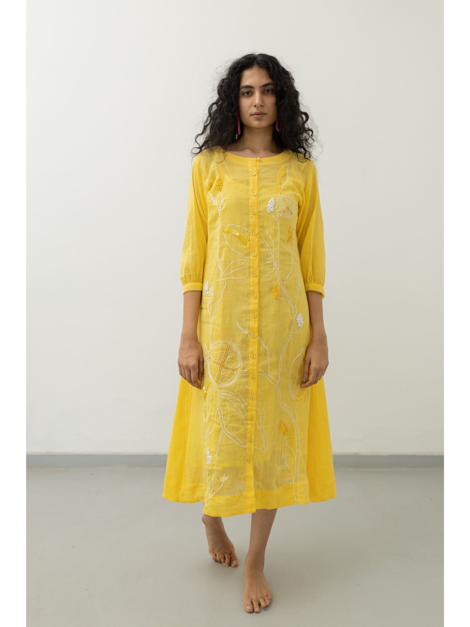 Yellow Crinkled Cotton Midi Dress with Slip (Set of 2)-image-37