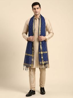 MUFFLY - Men Blue Cotton Silk Chunri Booti Dupatta with Zari Border and Tassels
