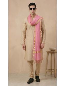 MUFFLY - Men Peach Cotton Silk Chunri Booti Dupatta with Zari Border and Tassels