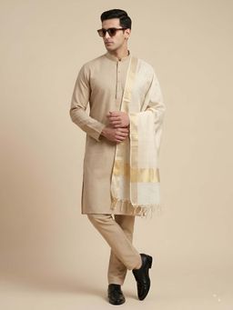 MUFFLY - Men White Cotton Silk Chunri Booti Dupatta with Zari Border and Tassels