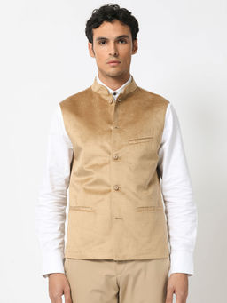 Rare Rabbit - Emerald Light Beige Woven Bandhgala