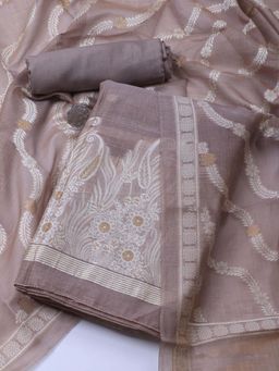 MEENA BAZAAR - Grey Embroidered Chanderi Unstitched Top & Bottom with Dupatta