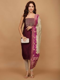 MEENA BAZAAR - Burgundy Embroidered Chanderi Unstitched Top & Bottom with Dupatta
