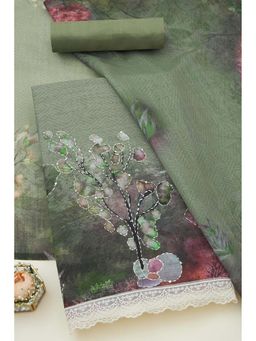 Soch - Women Olive Linen Botanical Print Unstitched Dress Material with Thread Work