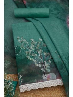 Soch - Women Green Linen Botanical Print Unstitched Dress Material with Thread Work