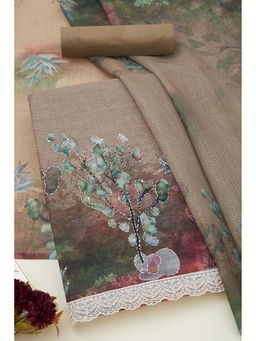 Soch - Women Beige Linen Botanical Print Unstitched Dress Material with Thread Work