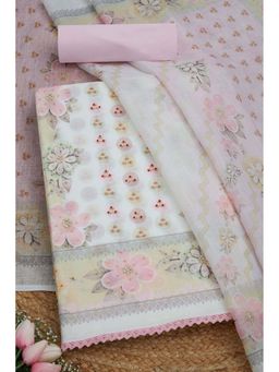 Soch - Women White Linen Floral Print Unstitched Dress Material with Cutdana