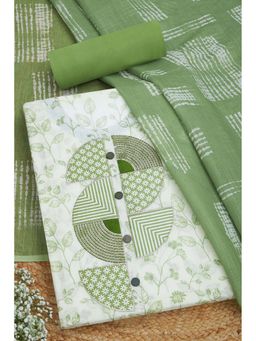 Soch - Women Green Linen Botanical Print Unstitched Dress Material with Sequins