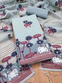 JATRIQQ - Grey Muga Cotton Jamdani Weaving Work Unstitched Top with Bottom & Dupatta