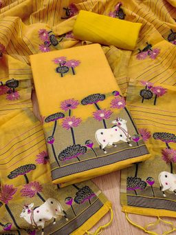 JATRIQQ - Yellow Muga Cotton Jamdani Weaving Work Unstitched Top with Bottom & Dupatta