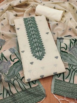 JATRIQQ - Off White Muga Cotton Jamdani Weaving Work Unstitched Top with Bottom & Dupatta