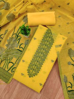 JATRIQQ - Yellow Muga Cotton Jamdani Weaving Work Unstitched Top with Bottom & Dupatta