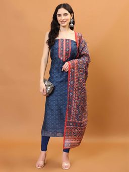 MEENA BAZAAR - Blue Printed Chanderi Unstitched Top & Bottom with Dupatta