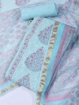 MEENA BAZAAR - Blue Cotton Blend Unstitched Top & Bottom with Dupatta
