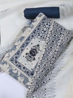 MEENA BAZAAR - Cream Cotton Blend Unstitched Top & Bottom with Dupatta