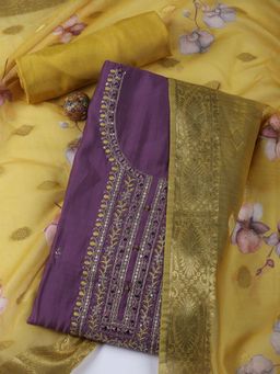 MEENA BAZAAR - Purple Embroidery Chanderi Unstitched Top & Bottom with Dupatta