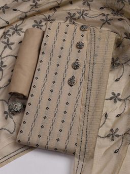 MEENA BAZAAR - Beige Woven Cotton Blend Unstitched Top & Bottom with Dupatta