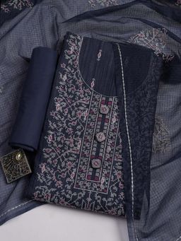 MEENA BAZAAR - Blue Embroidered Cotton Blend Unstitched Top & Bottom with Dupatta