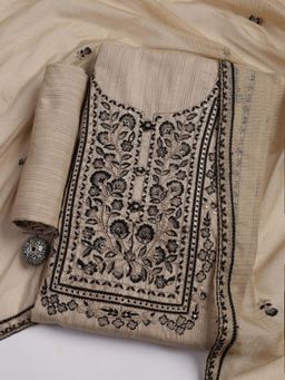 MEENA BAZAAR - Beige Embroidered Chanderi Unstitched Top & Bottom with Dupatta