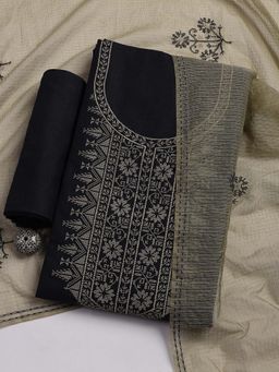 MEENA BAZAAR - Black Embroidered Cotton Blend Unstitched Top & Bottom with Dupatta