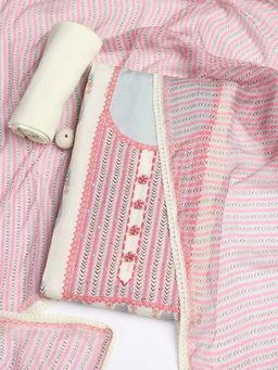 MEENA BAZAAR - Cream Printed Muslin Unstitched Top & Bottom with Dupatta